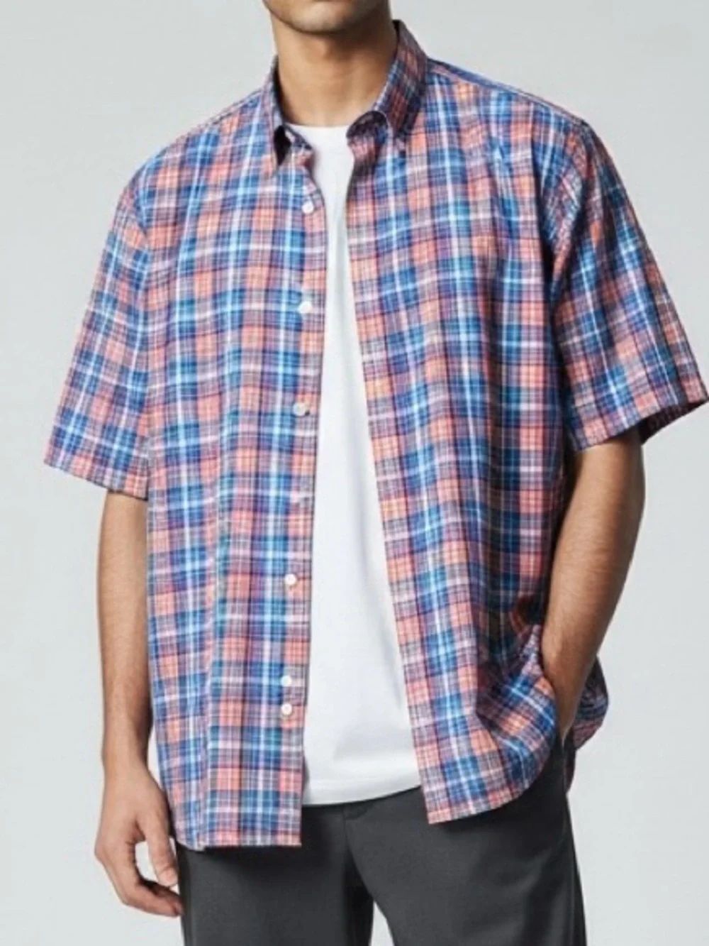 Bugatchi Short-sleeve Button-down Shirt Blue Orange and White Paid Pattern XL